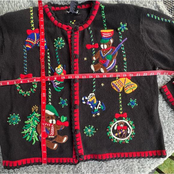 Vintage Christmas Sweater, Cardigan, Beaded, Bears, Busy, Embroidered XL - Picture 5 of 13